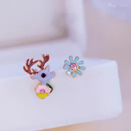 Stud Earrings Romantic Cute Korean Asymmetric Animal For Women Girls Lovely Deer Flower Rhinestones Party Jewelry