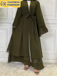 Etniska kläder Chaomeng Ramadan Chiffon Open Abaya Dubai Turkiet Kaftan Muslim For Women Kimono Modest Robe Femme Caftan Marocain Islam Clothing 230824