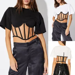 Kvinnors T-skjortor Summer Short Sleeve Round Neck Perspective Bone Midje Design krymper Spicy Girl Style T-shirt