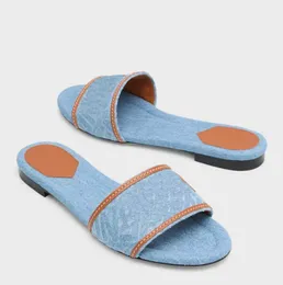 De nyaste kvinnorna Sandal tofflor hälen denim logotyp Sandaler Flat Resort Sandal Lady Outdoor Casual Flip Flop Beach Flats Slip On Box35-42