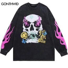 Women s T Shirt Vintage Streetwear Hip Hop Butterfly Skull Flame Graphic Print Long Sleeve Tshirt 2023 Men Fashion Punk Goth Shirts Tops 230823