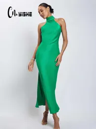 Grundläggande avslappnade klänningar cnyishe sommar sexig lång klänning femme elegant smal av axel rygglös fest klubb maxi klänning kvinnor avslappnade klänningar grön vestido 230824