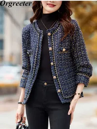 Kvinnorjackor Luxury Fashion Gold Thread Plaid Tweed Jacket för kvinnor Vintage O-Neck Single-Breasted Slim Blazer Coat Female Elegant Clothing 230823