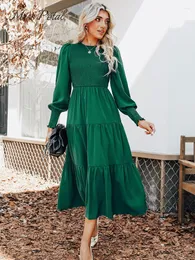 Casual Dresses MISS PETAL Green Smocked Long Sleeve Maxi Dress For Women Round Neck Party 2023 Autumn Winter Female