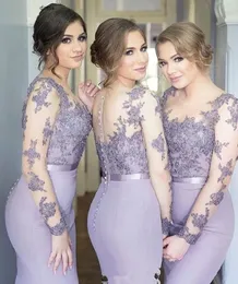 Lilac Purple Long Sleeve Lidsedrised Dresses Mermaid Satin Plus Size 2023 Lace Illusion Maid of Honor Downs