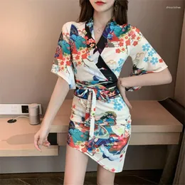 Ethnic Clothing 2023 Japanese Kimono Yukata Silk Satin Dress For Women Floral Peacock Half Sleeve Nightgown Sexy Party