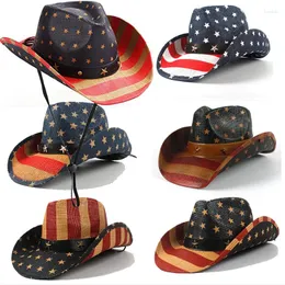 Boinas de verão clássico de bandeira americana chapéus de cowboy para homens homens largos eua usa cowgirl chá manchado de palha unissex chapéu