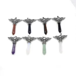 Pendant Necklaces Natural Stone Pendants Hexagonal Pillar Shape Quartz Crystal Agate Skull Wing Model For Jewelry Making Necklace Decoration