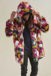 Мужские куртки радужная цветовая ловушка из искусственного меха пара носит зимний теплый толстая куртка с капюшоном, фальшивый пушистый мех с длинным рукавом шикарный кардиган 230824
