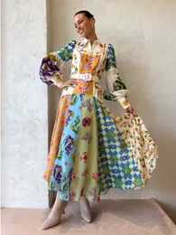 Podstawowe sukienki swobodne drukuj wakacyjny damska sukienka plażowa z paskami z linami Lantern Sleeve Single Beded Laped Swing Kolorowa szata 230823