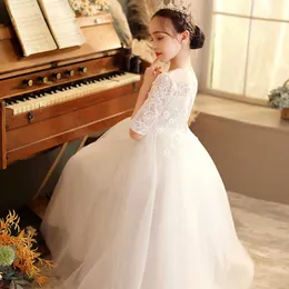 Girl's Dresses Teenager Formal White Pink Blue Elegant Bridesmaid Wedding Baby Girls Princess Dresses Lace Kids Clothes Piano Show Dance Dress