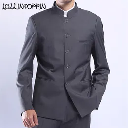 Mens Grey Tunic Suit Jacket Mandarin Collar Single Breasted Chinese Traditional Style Stand Collar Coat320P