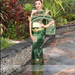 Ubranie etniczne Tajlandia Tradycyjne narodowe zielone szal dla kobiet importowane tkaniny bez rękawów.