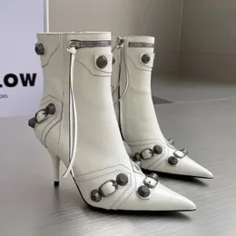 spiczasty buty na wysokim obcasie metalowe buty buty damskie motocykl skórzane buty z suwakiem luksusowy projektant moda nagi but