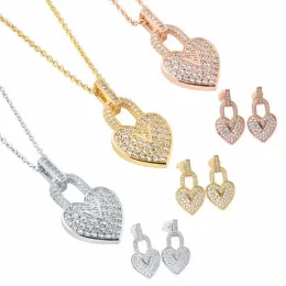 Europe America Fashion Full Diamond Heart Lock Charm Necklace Earrings 3 Color Lady Women Titanium Steel Engraved V Initials Settings Couple Jewelry Sets