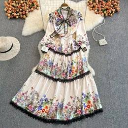 2023 Spring Leopard Flower Maxi Dress Women Katowotek Krawatowy Klątał Kwiatowy nadruk Kascading koronkowy zszywek Party Vestidos170r