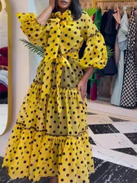Casual Dresses Women See Through Long Flowy Polka Dot Flocking Bow Neck Puff Sleeve Organza Dress Cover Maxi Party Ball Gowns Elegant