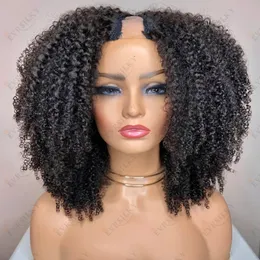 Black Afro Natural Afro Curly 1x4 V Part Parte peruca pré -explodida sem glue parte perucas de cabelo humano para mulheres 200% de densidade Remy Hair