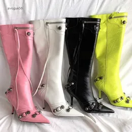 leather knee-high boots stud buckle embellished side zip shoes pointed Toe stiletto heel tall boot luxury designers shoe for women factory footwear 2023