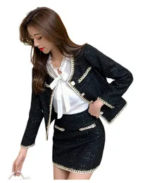 New fashion women's autumn elegant black color block lurex patched tweed woolen jacket and skirt twinset 2 pc dress suit SMLXL