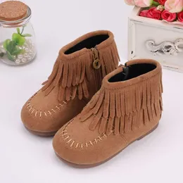 Boots Fringes Girls Ankle Boots Princess Sweet Red Brown Black Flock Fabric Warm Rubber Boots for Toddler Kids Tassels Shoes for Girls L0824