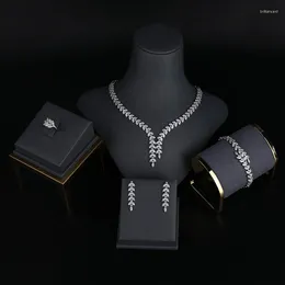 Necklace Earrings Set MYFEIVO Full Zircon 5 Pieces Leaves Bridal Luxury Bracelet Ring For Female HQ0872