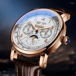Armbanduhren Don 71106G Automatische mechanische Uhren Multifunktionaler Modemarke Männer Watch echte Lederarmband
