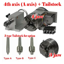 Rotary 4th A Axis 3jaw 4 Jaw 100mm Chuck MT2 Tailstock Lathe Wood Metal Plastic Engraving Machine Part for CNC Router