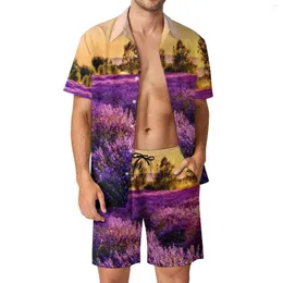 Мужские спортивные костюмы Lavender Field Men Set Set Nature Art Print Madery Casual Shut Set Set Set Shot Short Shorts Summer Fitness Outdoor Suit