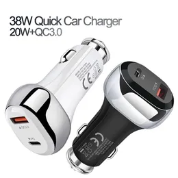 38W Quick Car Charger 20W QC3.0 Elektroniska biltillbehör Mobiltelefon USB Dual Ports High Power USB Car Power Charger Snabb laddningsbil PD