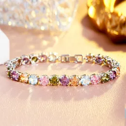 Bangle BeaQueen Classic Full CZ Stone Crystal Engagement Jewelry Romantic Multicolor Cubic Zirconia Chain Link Bracelets for Women B241 230824