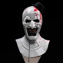 Palyaço Maske Kanlı Terrier Sanat Cosplay ürpertici Korku Demon Evil Joker Şapkası Lateks Kask Cadılar Bayramı Kostümü Q230824