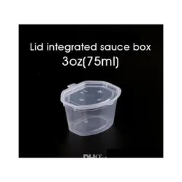 75 ml 3oz engångsplastsås koppar med locket kryddor chutney box clear take-out box mat takeaway liten lagringslåda 100 st sn302o