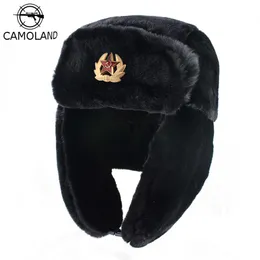 Kamolandowy radziecki traper żołnierz hat męski armia wojskowa rosyjska Ushanka Bomber Hat Winter Caps Pilot Faux Rabbit Furflap t279d