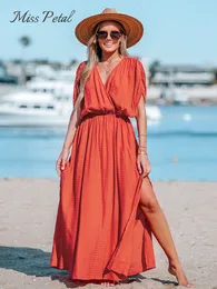Grundläggande casual klänningar Orange överskott Ruched Maxi Dress for Women Sexig elastisk midja Kort ärm Lång aline Beach 2023 Summer Sundress 230823