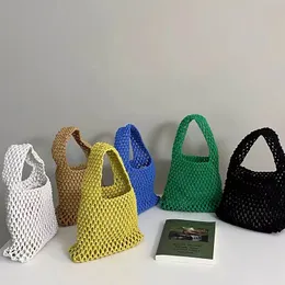 Mulheres mini bolsa de embreagem tote algodão crochê balde alça superior cordão praia tecido pesca net bolsa bolsa