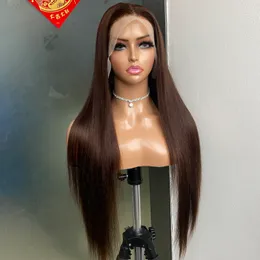 Efektowne 180% gęstość peruwiańska Indian Brazylijczyk #4 Brąz 100% surowe dziewicze Remy Human Hair Sily Prosty 13x4 Przezroczysta koronkowa długa peruka czołowa