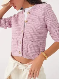Suéteres femininos 2023 outono malha curto cardigan para mulheres botões de metal manga comprida único breasted bolsos feminino o pescoço camisola casaco 230824