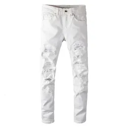 Jeans masculinos Sokotoo Brilhas de cristal branco rasgado Moda Slim Skinny Stretch Denim Pants 230823