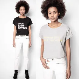 Zadig Voltaire 23ss дизайнерская футболка, летняя новая французская футболка меньшинства ZV, женская с завивкой на рукавах, серая футболка с буквенным принтом, черная хлопковая футболка с коротким рукавом