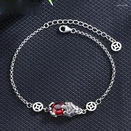 Link Bracelets Vintage Silver Color Women's Pi Xiu Bracelet Red Gems Chain For Feng Shui Wealth Healthy Good Lucky Jewelry