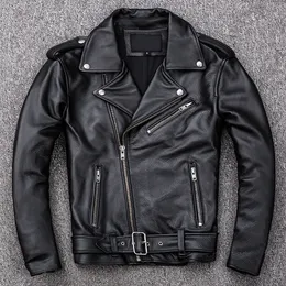 Men's Jackets Spring Classical Motorcycle Oblique Zipper Men Leather Jacket Natural Calf Skin Thick Slim Cowhide Moto Biker Man 230824