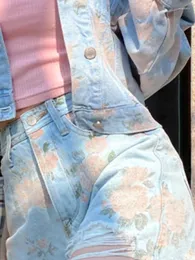 Kvinnors shorts adagirl blå denim kvinnor retro blommor tryck hög midja kort jeans koreansk mode kawaii söta cutecore tofsels kläder