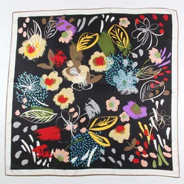 Scarves Leaves Print Twill Silk Wrap Square Shawl Brand Hijab Bandana Handmade Curled Head Scarf Neckerchief 90CM 230823