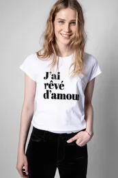 Zadig Voltaire 23SS Designer T Shirt Spring and Summer Nowy styl francuski ZV List Flocking Hem Arc Cotton Women Ced Netk Szyj Krótkie rękawowe T-shirt