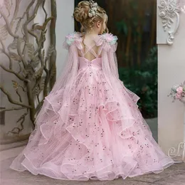 Girl Dresses Embroidered Pink Cosmos Wild Organza Flowers Floral Dress Mesh Skirt Lace Up Criss-cross Back Wedding Party Gown