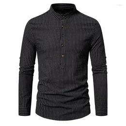 Herren lässige Hemden Baumwolle gestreiftes Henley -Shirt Männer 2023 Marke Slim Fit Langarm Button Up Kleid Geschäft Camisa Hombre