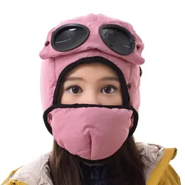 Chapéu de bombardeiro infantil com veludo para manter o inverno quente para crianças chapéu de exaustor à prova d'água com copos máscara de balaclava244v