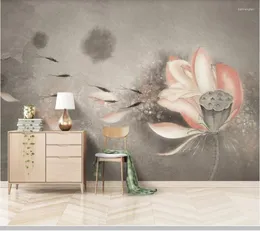 壁紙Papel de Parede Chinese Style Vintage Ink Lotus 3D Wallpaper Mural Living Room Sofa TV Wall Bedroom Papers Home Deocr