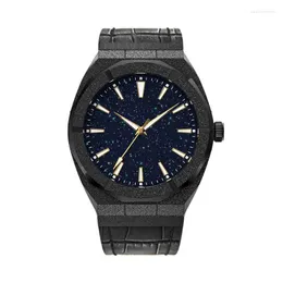 Wristwatches Matten Black Rich Style Leather Band Blue Star Dust Dial Men Frosted Watch